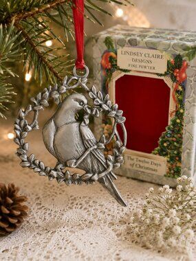 Vintage Lindsey Claire Fine Pewter Partridge in a Pear Tree Ornament w/ Box